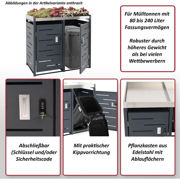 2er-Mülltonnenverkleidung HWC-H40b, Mülltonnenbox, Pflanzkasten Edelstahl-Metall-Kombi 39kg 110x115x62cm erweiterbar – Bild 2