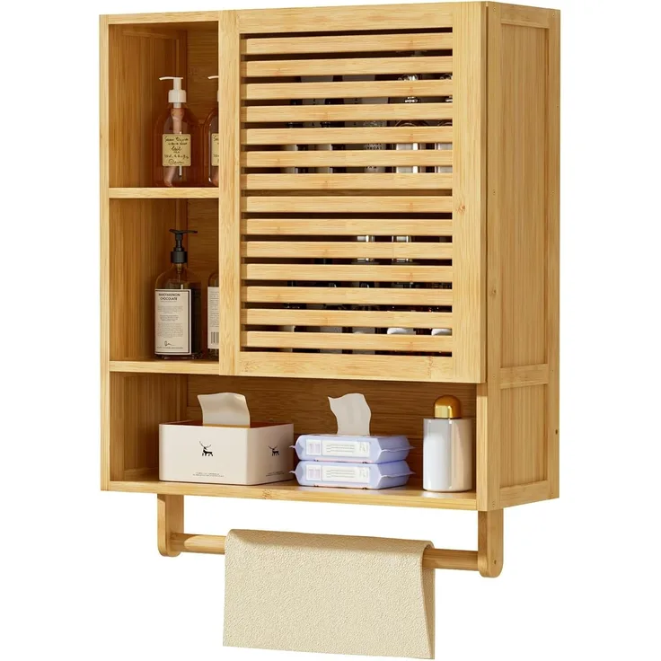 Yorbay Hängeschrank Bambus Badezimmerschrank Medizinschrank (56x20x70 cm) mit Handtuchhalter und offenem Regal