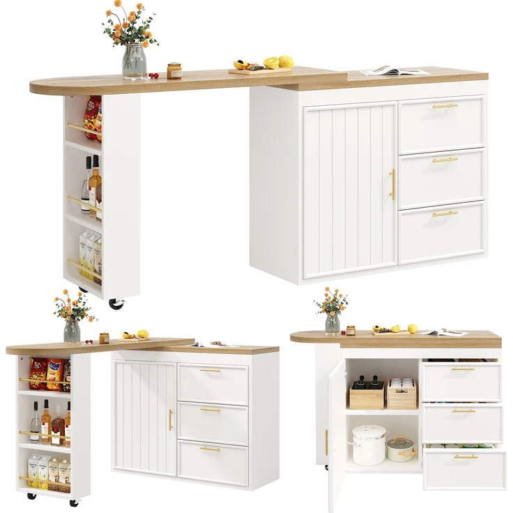 Bartisch Tisch mit 360° Drehfunktion, Verstellbare Regale & Kippschutz, 3 Schubladen & Seitenablage, Vielseitiger Stehtisch für Esszimmer, Wohnzimmer & Homeoffice--Weiß--97x54.51x16cm--YOUDENOVA – Bild 10