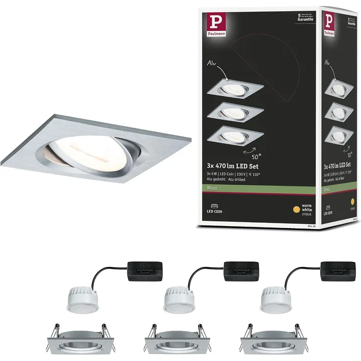 Paulmann No. 93456 Einbauleuchte LED Coin Nova 3er-Set eckig 6W Alu gedreht schwenkbar