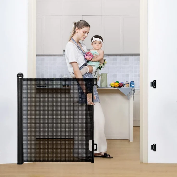 COMOMY Treppenschutzgitter Ausziehbar 0-180cm, Türschutzgitter Rollo für Baby, Katzen und Hunde, Einhändige Bedienung, Platz Sparen, Kinder Türgitter für Treppen/Türen/Außen, 84cm Hoch (Schwarz) – Bild 1