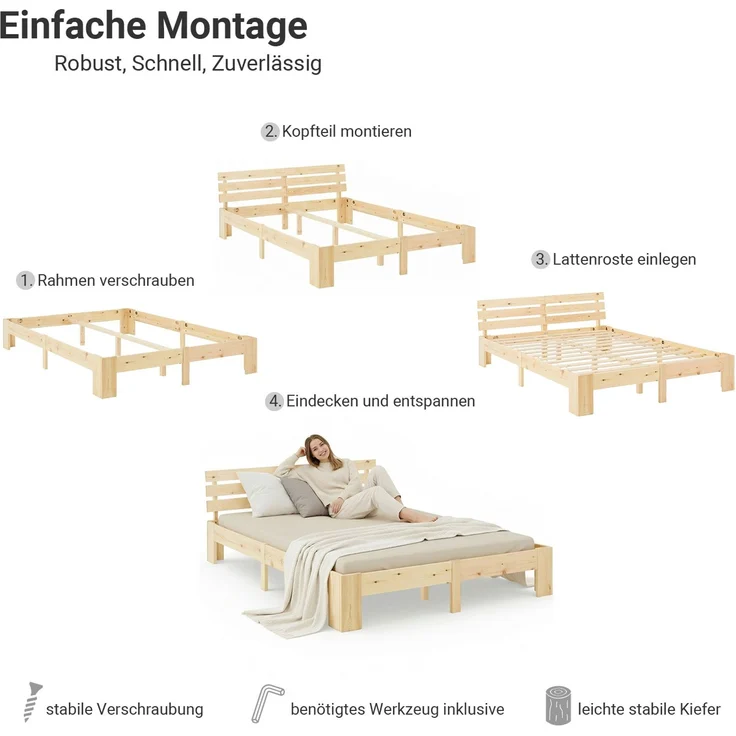 Holzbett mit 2 Federkernmatratzen 180x200 Jugendbett Doppelbett Bett Holzbettrahmen Natur Massiv Holz Lattenrost – Bild 5