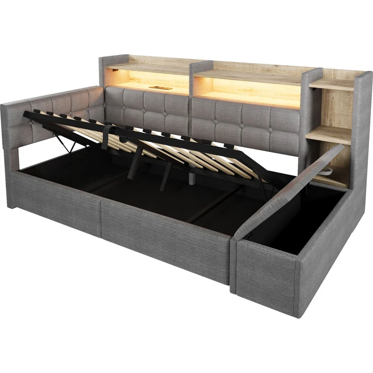 Tagesbett, Daybett, Schlafsofa, 90 × 200 cm, mit hydraulischer Lagerung, USB- und Typ-C-Anschlüssen, Ablagefach, Stauraumbank am Fußende, LED-Lichtleiste, Ohne Matratze, Velvet, Dunkelgrau – Bild 9