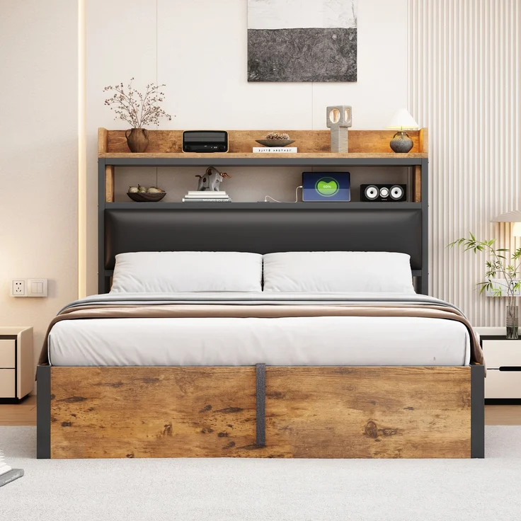 Bettrahmen 140x200 cm mit hydraulischer Hebevorrichtung, USB-Ladestation, gepolstertem Kopfteil, Vintage-Design aus Holz und Metall, Schwarz – Bild 3