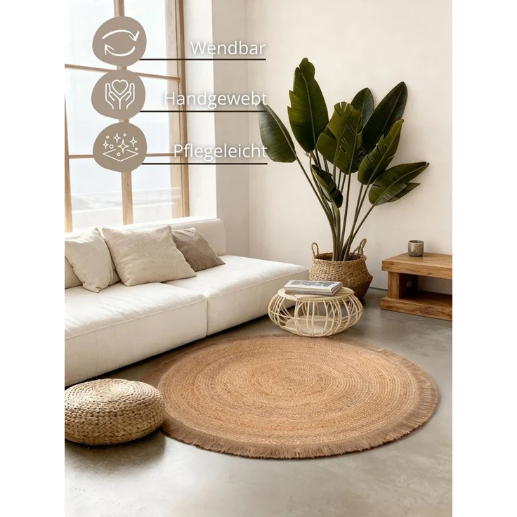 Hanse Home Nuru Juteteppich - Natur Wohnzimmereppich Rund aus 100% Jute, Handgewebt mit Fransen - Robust & Pflegeleicht - Boho Naturfaser Teppich für Wohnzimmer, Schlafzimmer - Natur Gold, Ø200cm – Bild 3