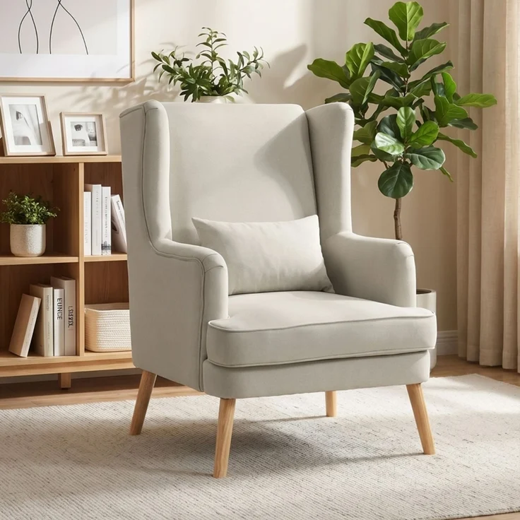 Akzentstuhl, Sessel mit Leinen-Optik, hoher Rückenlehne, breitem Sitz, Lendenkissen, Beige--Beige--77x77x110cm--YOUDENOVA – Bild 2