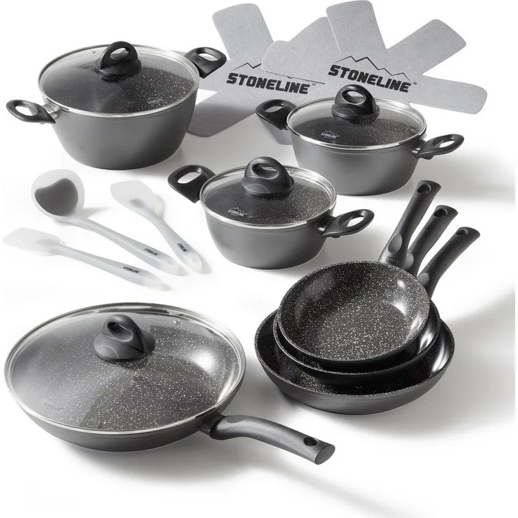STONELINE Topf-Set, Aluminium, Keramik (Kochgeschirr-Set, 16-tlg, Kochgeschirr-Set, 3x Kochtopf, 4x Bratpfanne, 4x Glasdeckel, Zubehör), mit echten Steinpartikeln, induktionsgeeignet, Designed in Germany