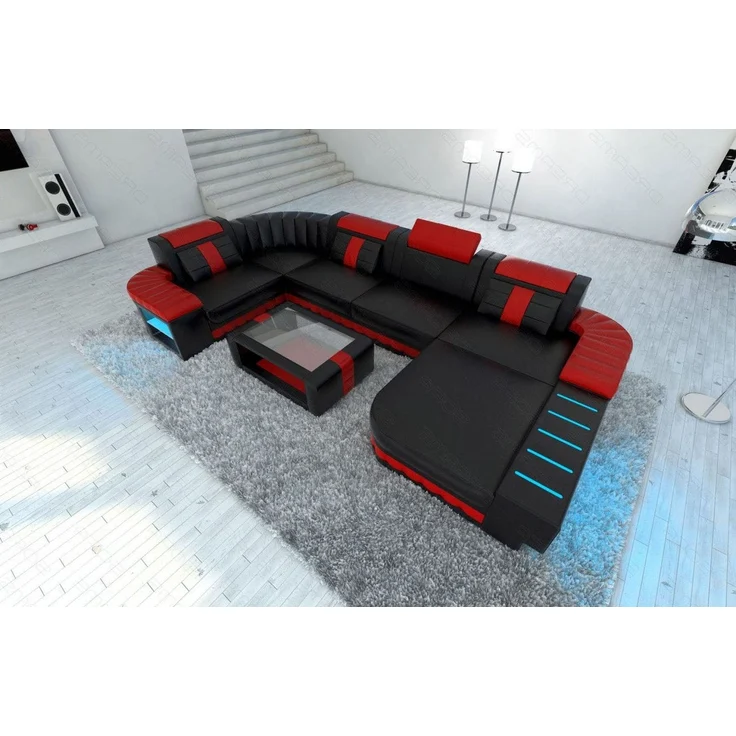 Sofa Dreams - Mini Designer Wohnlandschaft Bellagio Led U-Form - Ledermix - Schwarz-Rot - Rechts – Bild 4