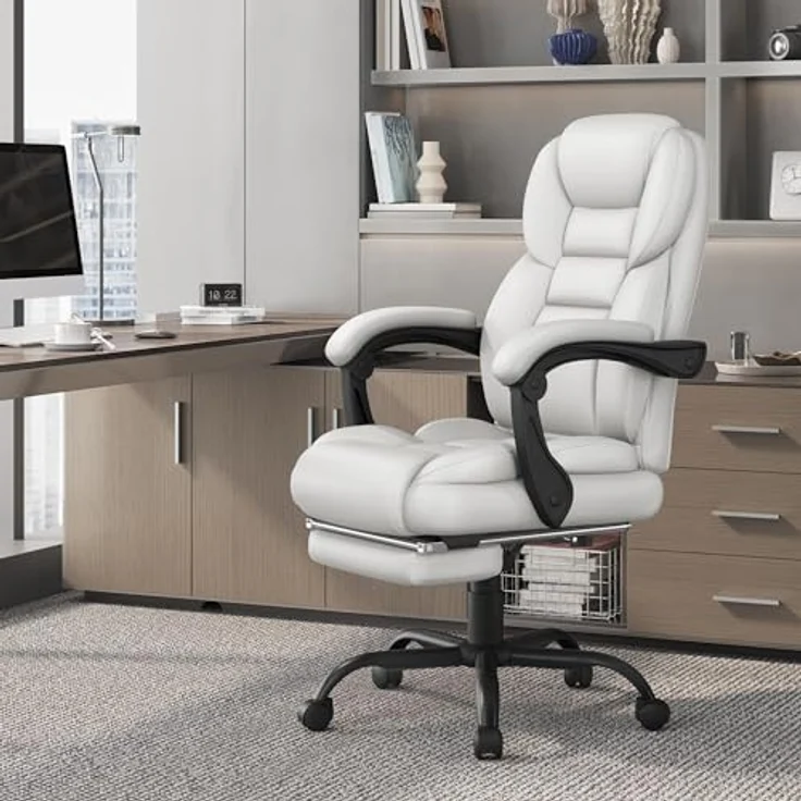 Yaheetech ergonomischer Bürostuhl Chefsessel mit Fußablage Fußstütze Schreibtischstuhl mit adaptiven Armlehnen Computerstuhl mit Hoher Rückenlehne höhenverstellbar für Büro Weiß – Bild 3
