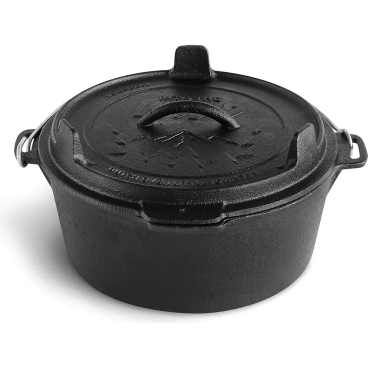 BURNHARD Dutch Oven Pre-Seasoned, 4qt 3,8 Liter, Gusseisen Feuertopf, Schmortopf mit Deckelheber ohne Füße - Schwarz - #946111