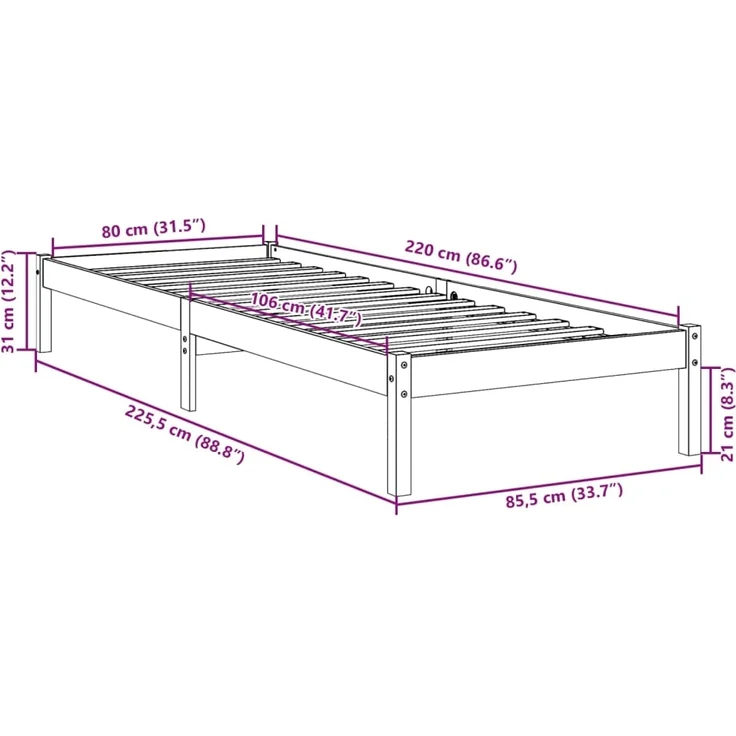 vidaXL Massivholzbett Extra Lang ohne Matratze Weiß 80x220 Kiefernholz 852415 – Bild 8