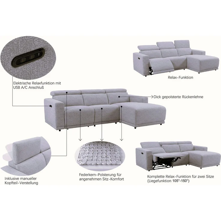 OTTO home Ecksofa LEOON L-Form, 255 cm - elektr. Relaxfunktion, mit USB A/C-Anschluss. Federkern, verstellbaren Kopfstützen, Webstoff – Bild 2