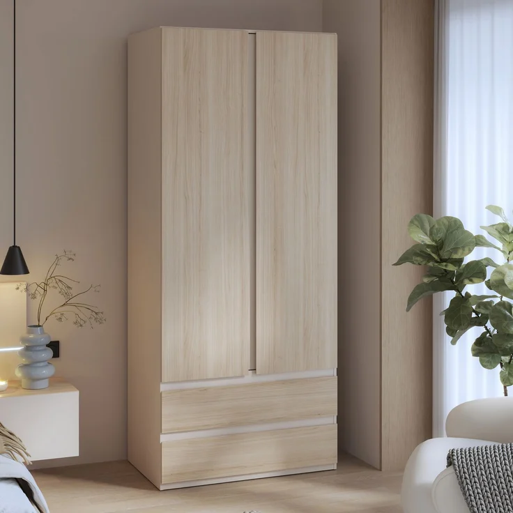 Forte PANOPTIK Kleiderschrank 90, schmaler, moderner Schrank, 2-türig, 2 Schubladen, Schlafzimmer, Jugendzimmer, Kaschmir|Beige|Riva Eiche Holzdekor, 48 cm breit x 210,5 cm hoch x 54,2 cm tief – Bild 1