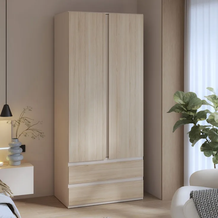 Forte PANOPTIK Kleiderschrank 90, schmaler, moderner Schrank, 2-türig, 2 Schubladen, Schlafzimmer, Jugendzimmer, Kaschmir|Beige|Riva Eiche Holzdekor, 48 cm breit x 210,5 cm hoch x 54,2 cm tief