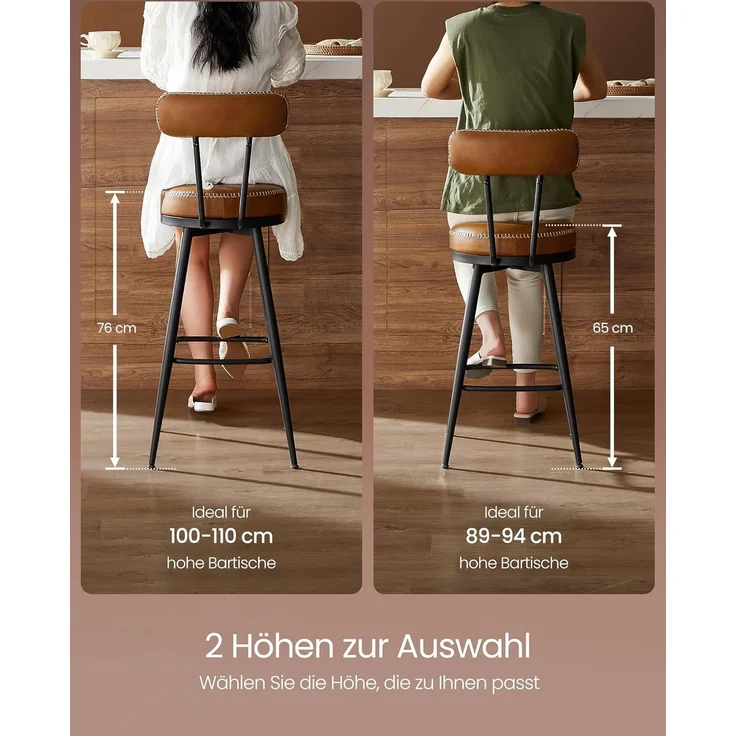 VASAGLE EKHO Kollektion - 360° drehbarer Barhocker, 2er Set, Hocker mit Rückenlehne für Bartisch, Kunstleder mit Nähten, Mid-Century-Modern-Stil, 76 cm hoch, Küche, Hausbar, karamellbraun LBC889K01 – Bild 9