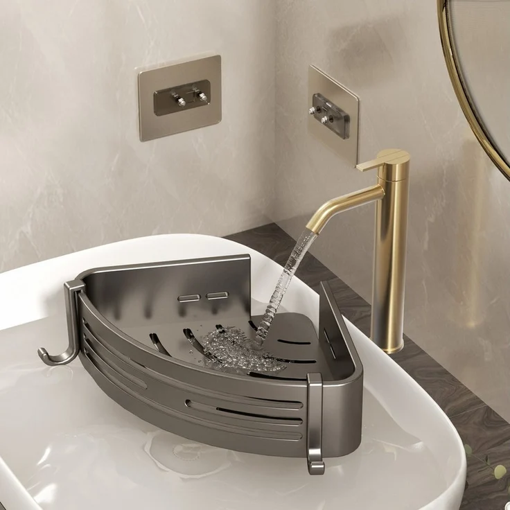 Refined Living Duschregal 2-Stück Eckregal ohne Bohren aus rostfreiem Aluminium für die Dusche, Badezimmer Duschablage Selbstklebendes Oder Bohren 2-tlg, mit 4 Klebeflächen und 4 Haken,für Bäder Küchen Duschgel(Grau&Schwarz) – Bild 3