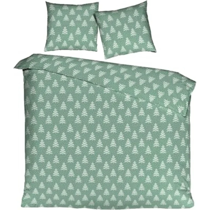 mistral home Bettwäsche 135x200cm Tannenbaum Schneeflocke Mint Grün, Flanell, 2 teilig, mit Tannenbaum-Design und Sternflocken – Bild 1