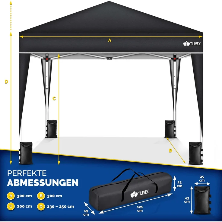 tillvex Pop-Up Faltpavillon mit Tasche, wasserdicht, höhenverstellbar & UV Schutz 50+, Stahl / Polyester, 3x3 m, Schwarz – Bild 7