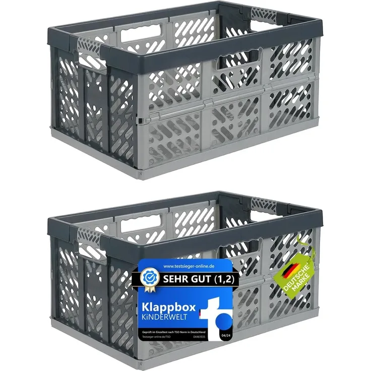 KiNDERWELT Klappbox 2er Set : Klappbox silber/ grau 45 L Faltbox bis 50 kg, aus hochwertigem Kunststoff