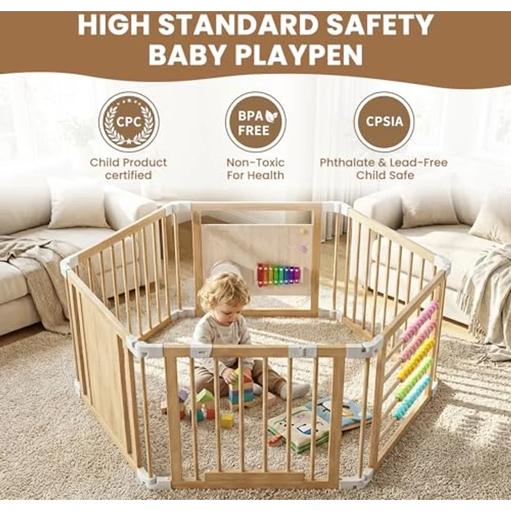 Laufstall Baby Holz mit Spielcenter – 160x80x61cm Verstellbare Größe & Form Laufgitter, Faltbarer Laufstall aus Holz, Spielzaun mit Tor für Babys und Kleinkinder(6 Stück) – Bild 5