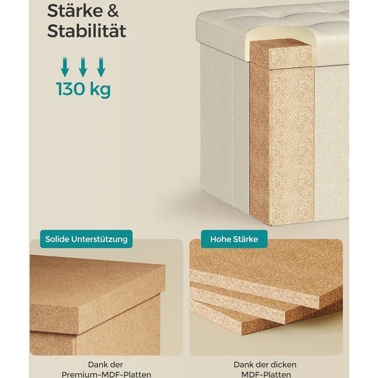 Songmics Sitzhocker mit Stauraum, kleine klappbare Sitzbank, 30x30 cm Fußbank, Aufbewahrungsbox, bis 130 kg belastbar, für Wohnzimmer Schlafzimmer Schlafsaal, cremeweiß LSF028W01 – Bild 4