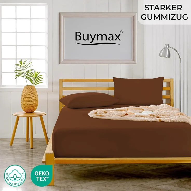 Buymax® Spannbettlaken 140x200 cm Doppelpack 100% Baumwolle Spannbetttuch Bettlaken Jersey, Matratzenhöhe bis 25 cm, Farbe Schokobraun – Bild 1