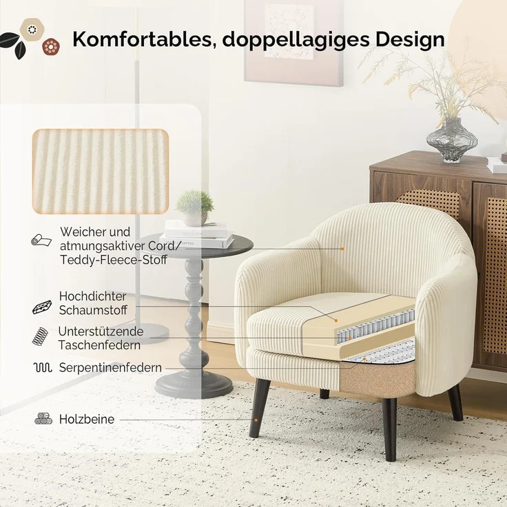 Sessel Cocktailsessel Loungesessel Wohnzimmer Cord-stoff Beige – Bild 5