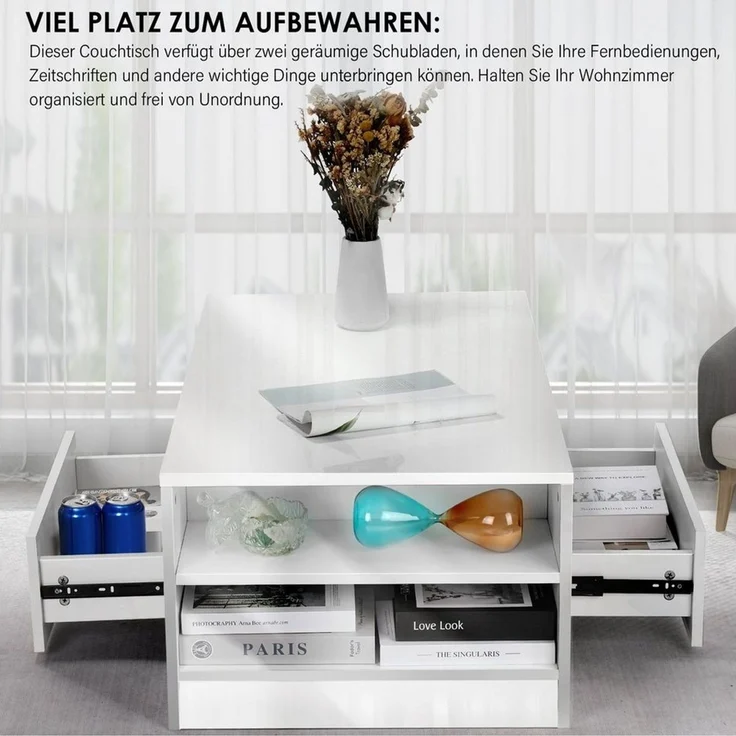 oyajia Couchtisch Hochglanz couchtisch Sofatisch mit LED-Beleuchtung Verstellbare Farben (1-St, Modern Sofatisch Wohnzimmertisch mit 2 Schublade und 2 Regalsofa), Beistelltisch, mit Stauraum, für Wohnzimmer, Schlafzimmer, 99x55x37cm – Bild 3
