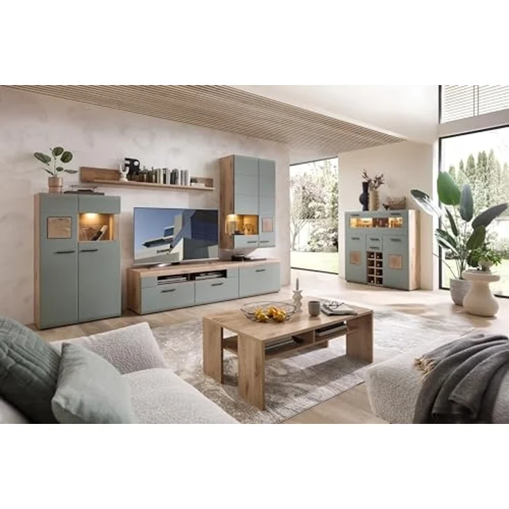 Barschrank >Kathlin< Barfach, Stauraum, LED, schilfgrün / Eiche Dekor - 120x129x37 (BxHxT) – Bild 6