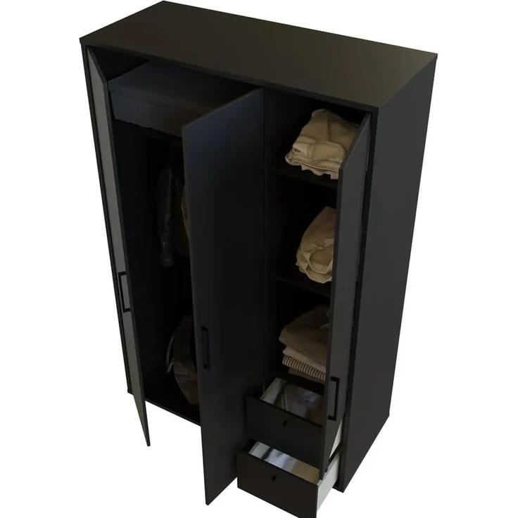 FORTE PYS Moderner Kleiderschrank 125, 3-türig, 2 Schubladen, Schwarz, 124,2 cm B x 190,4 cm H x 54,0 cm T – Bild 11