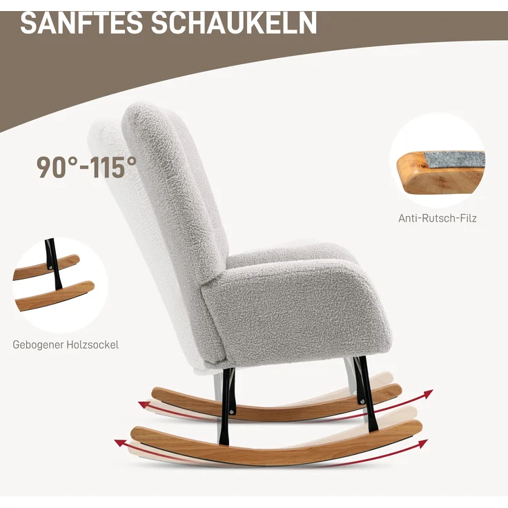 Sessel 70x94x100 cm, Teddysamt-Schaukelstuhl in Hellgrau, gepolstert – Bild 5
