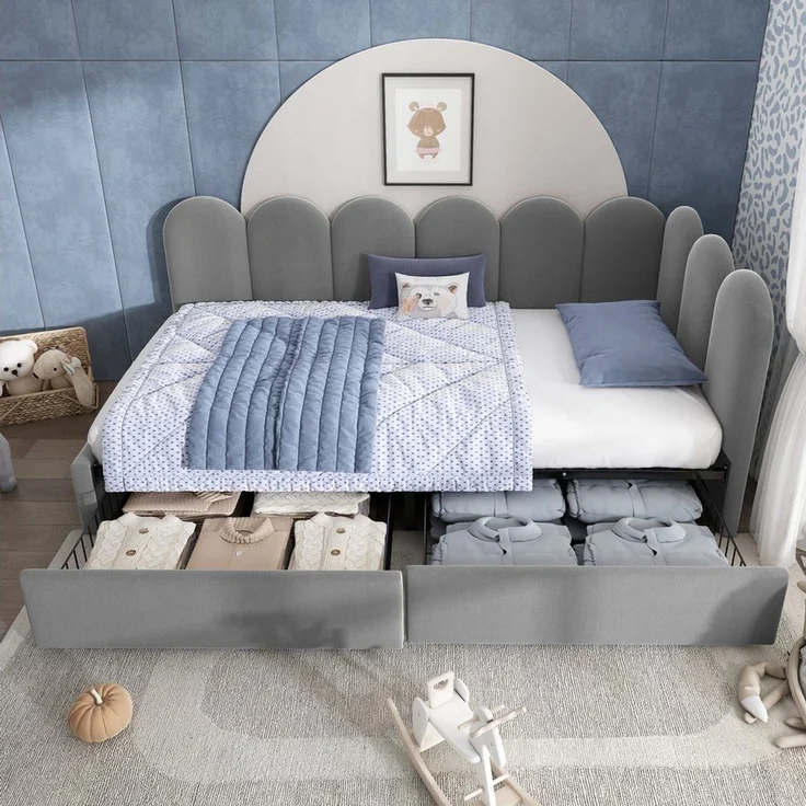 Odikalo Schlafsofa Polsterbett 90x190 Schlafcouch mit Schubladen, mit Schubladen Stauraumbett Samt Daybett Tagesbett Schlafsofa 90x190cm mit Lattenrost Jugendbett und Erwachsene Kinderbett,Grau(Ohne Matratze) – Bild 3