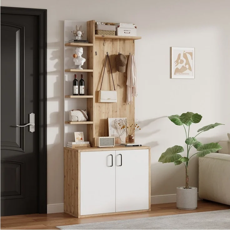 Merax Garderoben-Set Garderobenständer in Holz-Weiß, (für kleine Eingänge & Foyers, 1-St, 75 x 33 x 180 cm), Flurschrank mit 6 offenen Ablagen & geschlossenem Doppeltür-Schrank – Bild 2