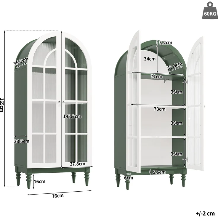 2-set Bogen-Vitrinenschrank 165cm mit Riffelglas-Doppeltüren, 3 Einlegeebenen, 2 Farben (Dunkelgrün+Weiß)--Grün--76x38.5x165cm--YOUDENOVA – Bild 5
