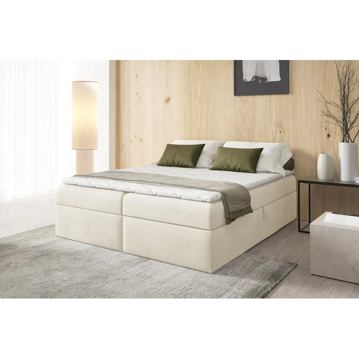 MEBLINI Boxspringbett mit Bettkasten - 120x200 - Gepolstert Doppelbett mit Matratze und Topper - Polsterbett mit Stauraum - Bett ohne Kopfteil - Stauraumbett - BASIL - H3/Creme Plüsch