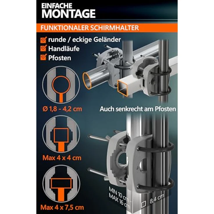 Menz Sonnenschirm Balkon - 3-IN-1 Sonnenschutz Balkon SET in Anthrazit, UPF 50+ Sonnenschirm rechteckig 200x125 cm + Sonnenschirmhalter Balkongeländer + Sonnenschirmhülle – Bild 6