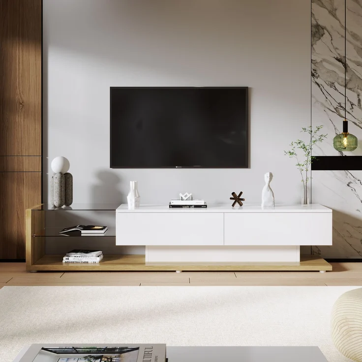 TV-Schrank 170 cm Weiß Hochglanz mit LED-Beleuchtung, 2 Schubladen, 2 Glasregale – Bild 6