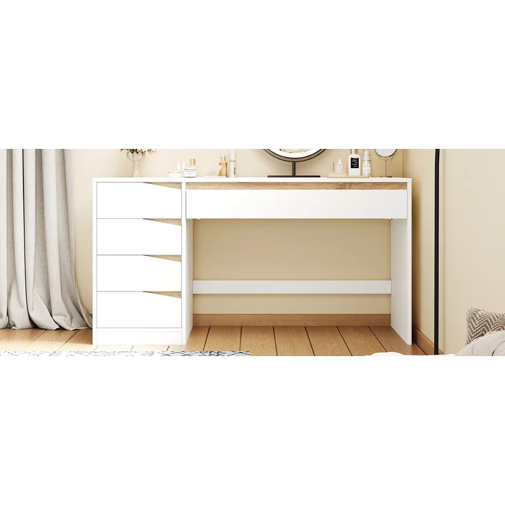 ZUBALIYA Schreibtisch 140x50 cm mit 5 Schubladen, Weiß/Eiche-Optik, Moderner Computertisch mit extra großer Arbeitsfläche, Schminktisch mit Stauraum, Bürotisch für Homeoffice, Schlafzimmer und Arbeitszimmer – Bild 22