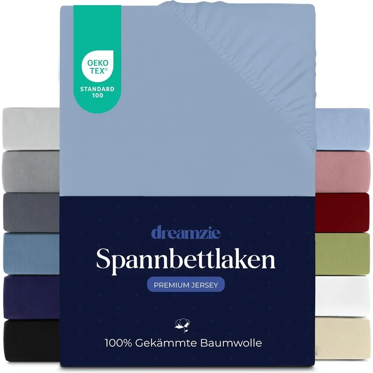 Dreamzie Premium Spannbettlaken 140x200 cm, Bettlaken 100% Jersey Baumwolle, Spannbetttuch für Dicke Matratzen bis zu 22 cm, 150 g/m², Oeko-TEX Zertifiziert - Hellblau
