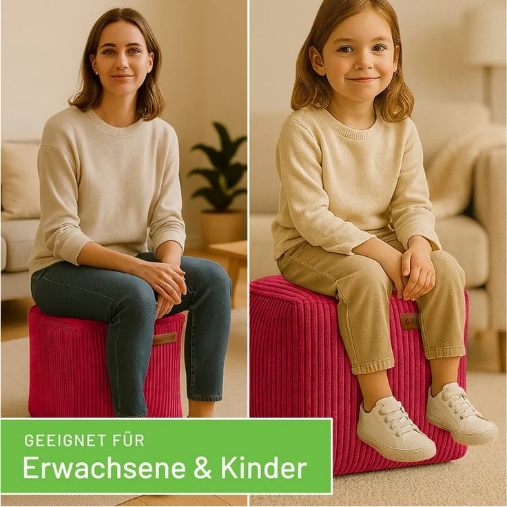 Green Bean Indoor Cord Sitzhocker Pouf Cube 40 x 40 x 40 cm mit EPS-Perlen Füllung - kuschelig weich waschbar - die ideale Ergänzung zum Sitzsack für Kinder & Erwachsene - Rot – Bild 2