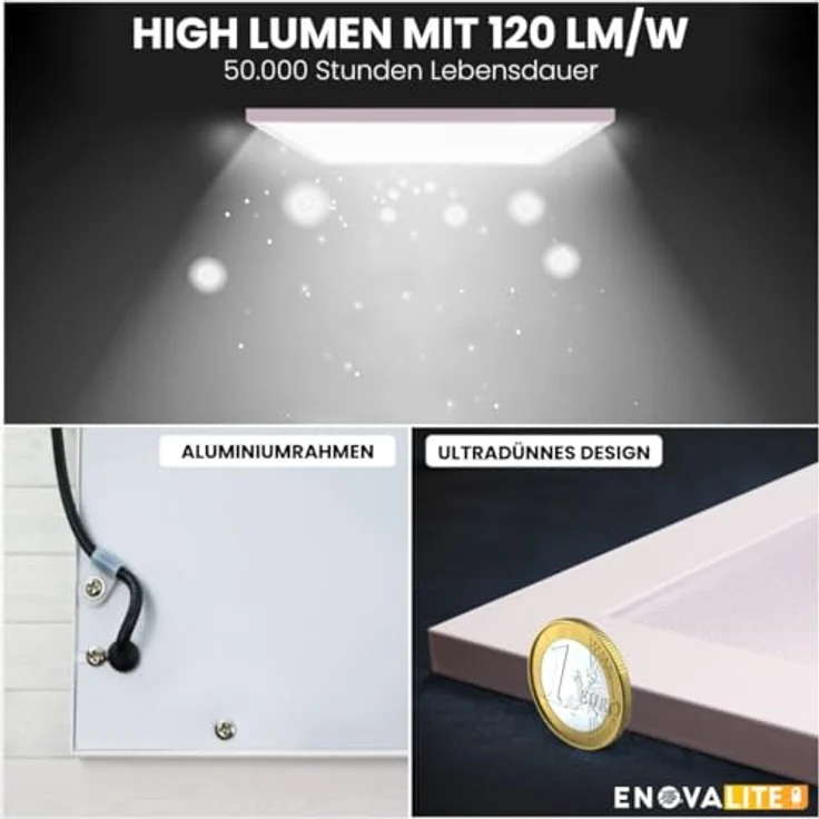ENOVALITE LED Panel 62x62 cm, 36W, 4000K Neutralweiß, 4320lm, UGR19 blendfrei, flache Deckenleuchte für Rasterdecke, inkl. 230V Marken-Netzteil – Bild 3
