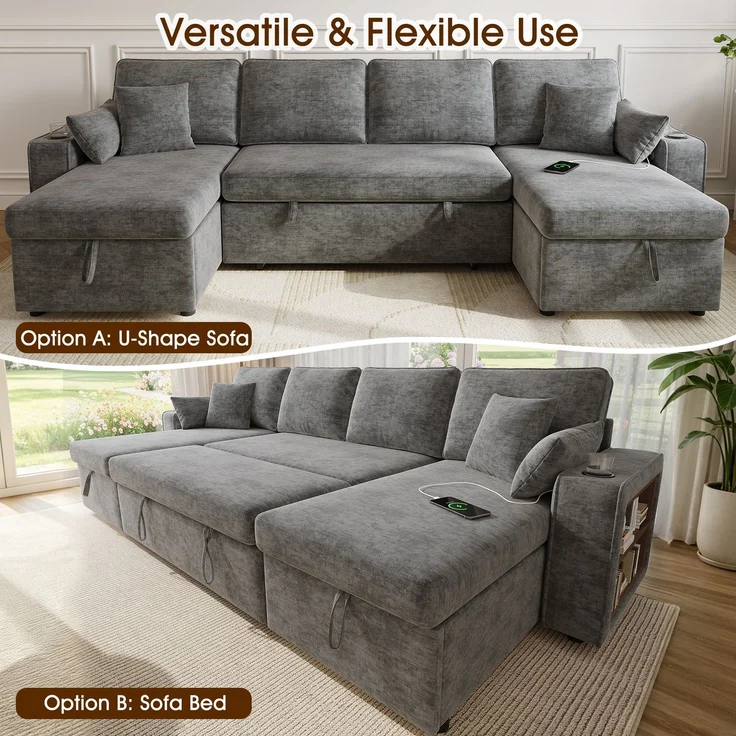 ZUBALIYA Schlafsofa, mit Stauraum, mit USB-C-Anschluss, mit Schlaffunktion, modular kombinierbar, mit Getränkehaltern, H 86 × T 270 × B 125 cm, Grau, Chenille – Bild 9