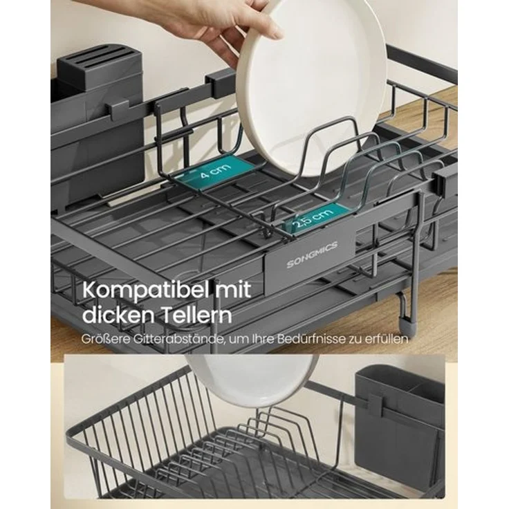 SONGMICS Geschirrständer ausziehbar, Stahl, Abtropfgestell, platzsparend, drehbarer Ablauf, grau – Bild 4
