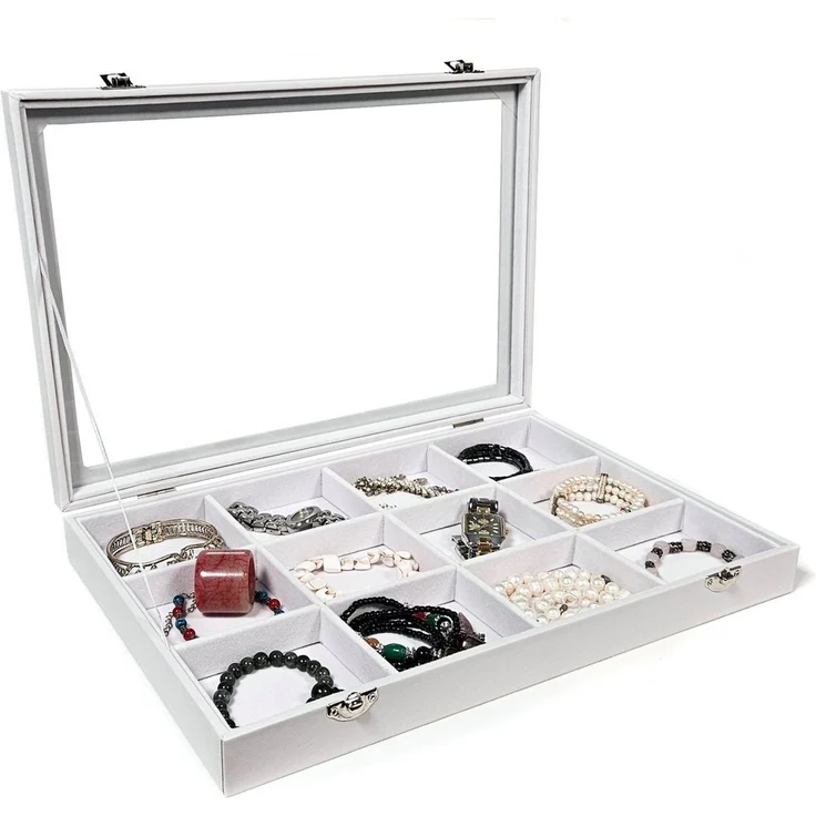Yudu Schmuckkasten Schmucklade Schmuckkasten Schaukasten mit Glasdeckel Weiss – Bild 2