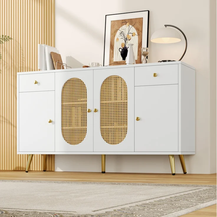 DESVIAE Sideboard mit 2 Schubladen und 4 Türen 140x82x35 cm Spanplatte Natur/Weiß – Bild 4