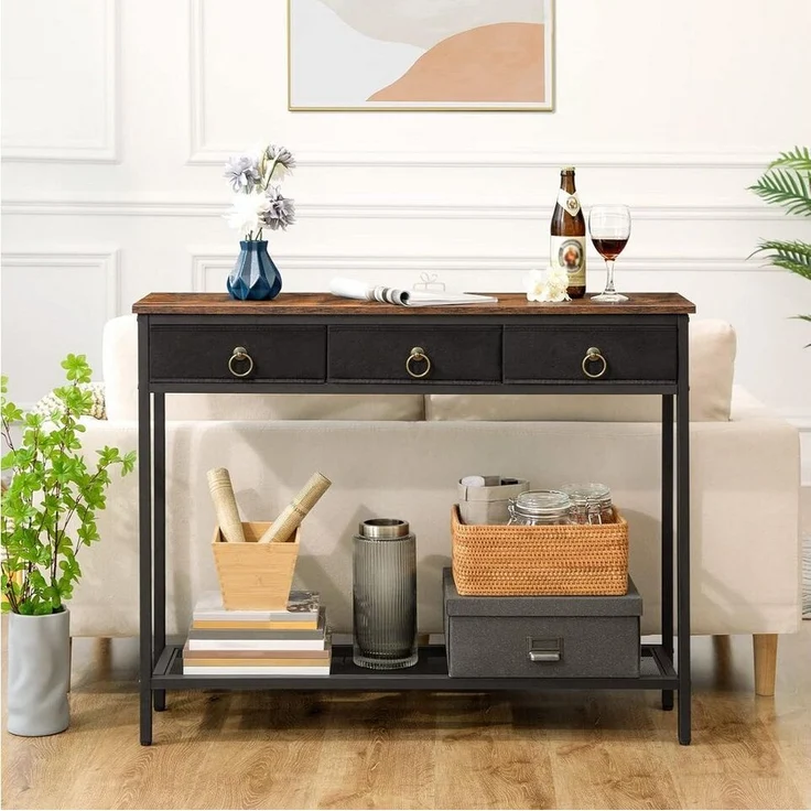 Hoobro Konsolentisch (100×25×80 cm mit 3 Schubladen, Flurtisch aus Holz & Metall), Beistelltisch im Industrie-Design – Bild 3