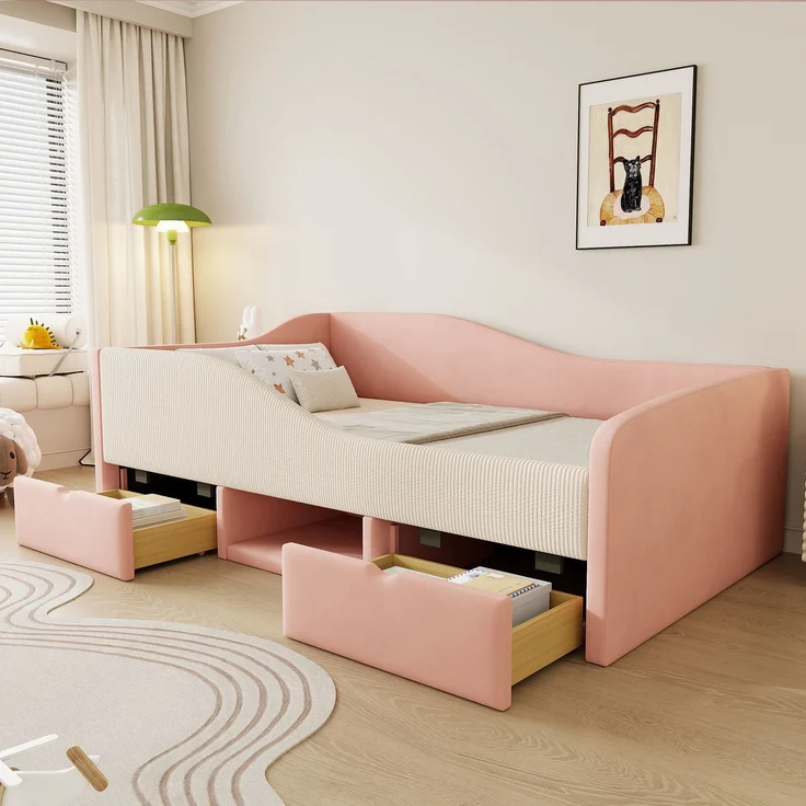 Kinderbett 90×190 cm mit Colorblock-Samt, Schutzgitter, Schubladen & Schuhfach, gepolstertes Jugendbett mit Stauraum,Rosa & Cremeweiß – Bild 2