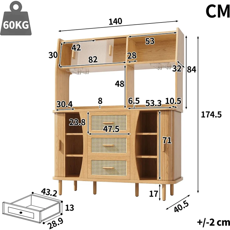 Merax Hochwertiger Buffetschrank mit Rattanoptik & Glasschiebetüren, 174,5cm hoher Küchenschrank mit Stauraum, Naturholz-Optik, belastbar bis 60kg – Bild 4