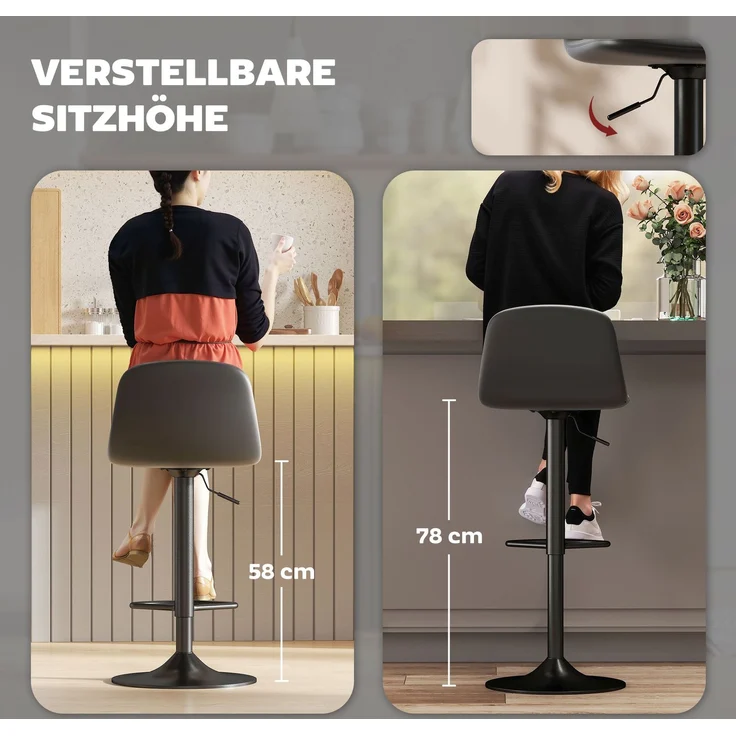 2er-Set Barhocker, Barstühle mit Kunstlederbezug, drehbar, mit Rückenlehne und Fußstütze, Metallbasis, Schwarz--Schwarz--104x44x40.5cm--YOUDENOVA – Bild 6