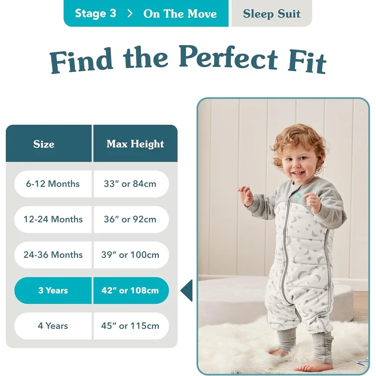 Love To Dream Schlafanzug, extra warm, 3–4 Jahre, grau, 3,5 Tog für Kälte (unter 16 °C), Lange Ärmel, integrierte Steppdecke, maschinenwaschbares Baumwollvlies, für Bewegung mit Anti-Rutsch-Pads – Bild 4